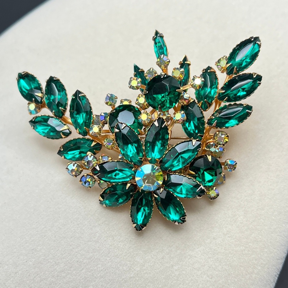 Vintage AB Rhinestone Brooch Gold Tone Green Floral Spray Navette Statement